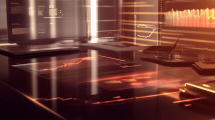 Poster - Modern Desk with Financial Tools and Graphs Overlay