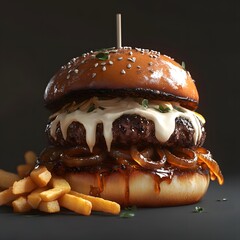 Sticker - A delicious burger with melted cheese and caramelized onions, served with fries.