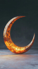 Poster - Rusty metallic crescent moon emitting warm light, representing ramadan, placed on a dark, textured background