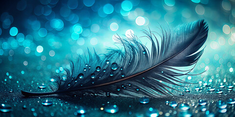 Poster - A delicate feather lies on a glimmering surface, adorned with tiny droplets reflecting light, creating a serene and captivating atmosphere enhanced by blue tones