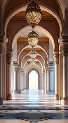 Poster - Majestic arches of mosque with elegant lamps casting warm light on polished marble floor, creating serene atmosphere of islamic architecture