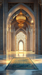 Poster - Serene ramadan atmosphere in a stunning mosque interior with sunlight, arches, intricate details, a large chandelier, and a prayer rug