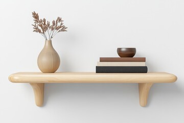 Aufkleber - A Scandinavian-inspired bookshelf with light wood shelves, neatly holding a few books and simple decor items against a plain white wall