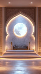 Poster - Elegant arabic-inspired interior design with a spacious moon, cozy couch, and intricate accents, evoking a tranquil ramadan ambiance