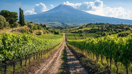 Poster - A road runs through a vineyard with a mountain in the background