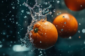 Poster - Two ripe oranges splashing into water, creating dynamic water droplets and spray.
