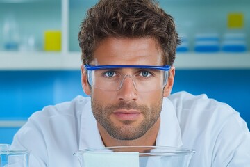 Poster - A chemist in a lab coat using a funnel and filter paper to separate a liquid mixture in a precise setup