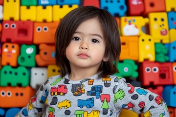 Wall Mural - A child focusing on stacking blocks, with intense concentration on their face, set against the playful chaos of a toy-filled room