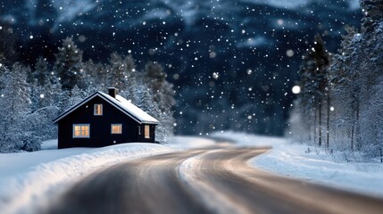 Poster - Flakes of snow gently fall around a Swedish house in the woods, soft lights shining through the snowy landscape and blurred tree silhouettes