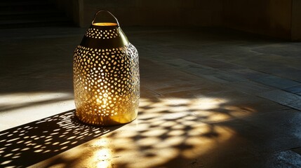 Poster - Illuminated lantern casts patterned shadow on floor.