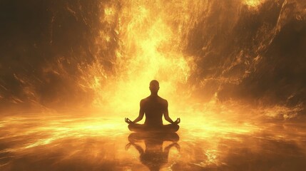 Poster - Silhouetted figure meditates before fiery, glowing background.