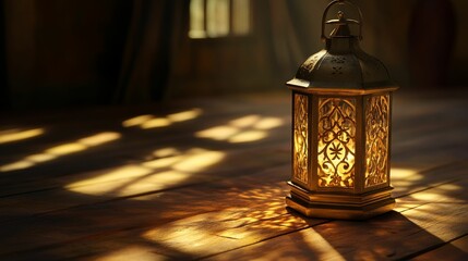 Poster - Illuminated lantern, ornate design, wooden surface, warm light.