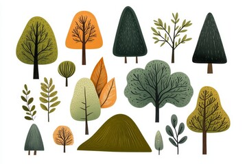 Poster - A flat design of a forest scene, with simplified shapes for trees and hills in a vibrant palette of greens and browns against white