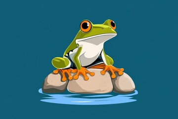 Aufkleber - A flat design of a frog leaping across stepping stones in a pond, drawn with bold lines and cheerful colors on a clean white canvas