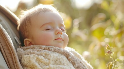 Poster - Newborn peacefully resting in a baby carrier outside, enjoying fresh air. 