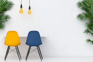 Poster - A flat illustration of a minimalist dining table with simple chairs, using bright, bold lines and shapes on a white canvas