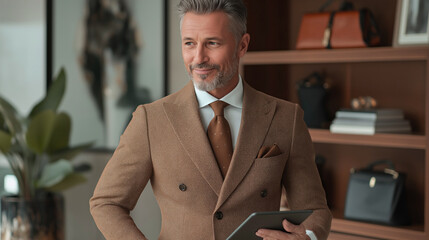 Aufkleber - A man wearing a suit and tie is holding a tablet