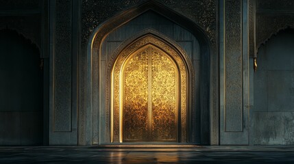 Poster - Ornate gold door, dark stone archway, intricate details.