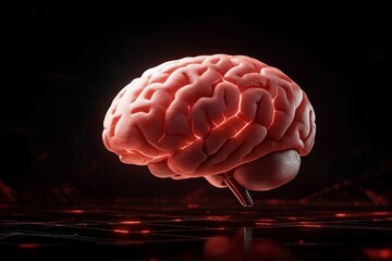 Fototapete - A futuristic scene of a human brain with glowing neural pathways, symbolizing focus and thought, set against a high-tech digital interface