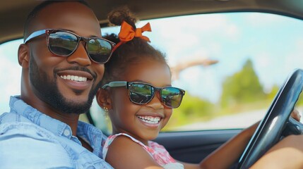 Poster - Happy family driving together on a scenic road, smiling and enjoying a car trip. 
