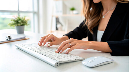 Poster - a woman typing on a keyboard with a white keyboard