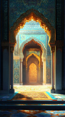 Poster - Ornate arches and intricate tilework illuminate a palace interior, bathed in golden sunlight, evoking the serene spirit of ramadan