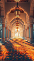 Poster - Sunlight streams through arched windows, casting a warm glow on an ornate carpet in a mosque during ramadan, creating a peaceful atmosphere for prayer