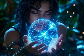 Aufkleber - A magical figure focusing energy into a glowing orb held between their hands, surrounded by swirling light and sparks in a mystical forest