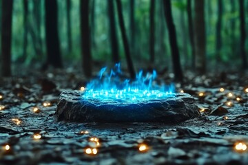 A mystical altar surrounded by glowing blue flames, casting an eerie light on nearby objects