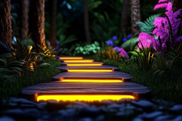 Poster - A mystical scene of glowing footprints leading through an enchanted forest, with light beams radiating from each step and magical flora surrounding the path