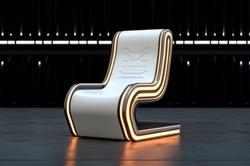 Aufkleber - A neon-lit cyberpunk chair with glowing edges and integrated screens, set in a futuristic room with holographic displays and sleek surfaces