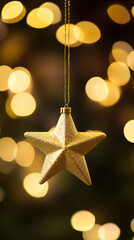 Aufkleber - Golden star ornament shining brightly in front of twinkling christmas lights, setting a cozy and enchanting holiday mood