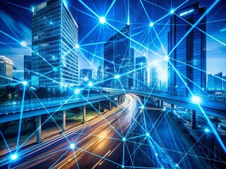 Poster - Abstract Digital Cityscape: Illuminated Blue Tech Road Grid Double Exposure