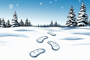 Aufkleber - A pixel art scene of footprints forming a trail through a snowy landscape, with animated snowflakes falling softly in a retro game style
