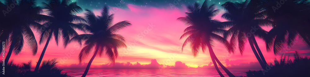 Palms silhouettes at neon sunset sky. Night landscape with palm trees ...