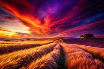 Poster - Abstract Landscape: Red Orange Purple Blurred Wave, Grain Texture, Dark Gradient Background