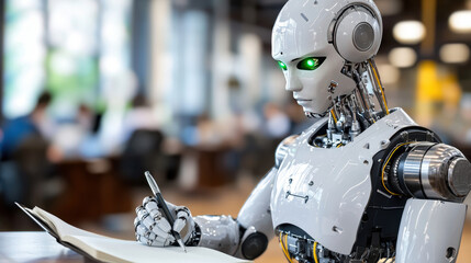 Poster - Futuristic robot writing in notebook, showcasing advanced technology and design