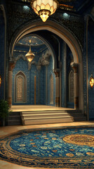 Poster - Serene ambiance in a luxurious mosque interior with golden lanterns during the holy month of ramadan