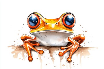 Aufkleber - A simple depiction of a frog face, focusing on its large, round eyes and a playful expression, using minimal details and vibrant colors
