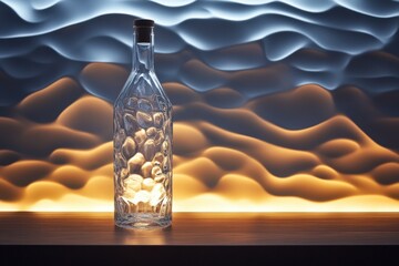 Wall Mural - Glass bottle on wooden surface against wavy background