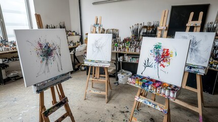 Poster - Artistic exploration unfinished oil paintings in a creative studio environment contemporary art scene inspiring workspace
