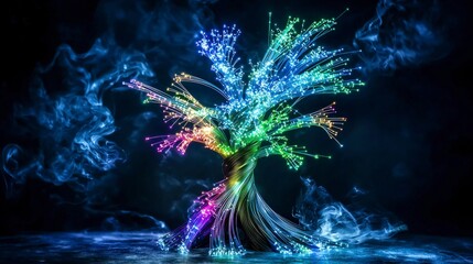 Fototapete - Glowing fiber optic cable art installation urban setting digital art nighttime abstract concept