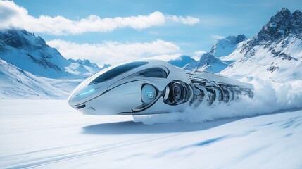 Sticker - A futuristic high-speed train zooming across snowy terrain, with pristine white surroundings and clear blue skies