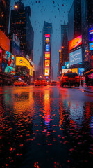 Nighttime in Times Square with vibrant lights reflecting on wet streets