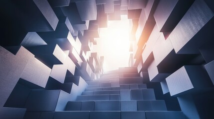 Aufkleber - A 3D metallic staircase made of cubes ascending towards a bright light, symbolizing career growth and goal achievement, with large space for text