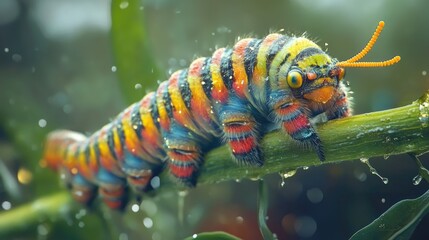 Poster - A breathtaking close-up of a caterpillar with vivid stripes, carefully crawling along a stem, showcasing its tiny legs and intricate details