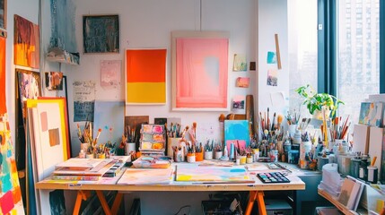 Poster - A bright and vibrant workspace filled with paint palettes, brushes, and partially completed canvases, perfect for adding creative text