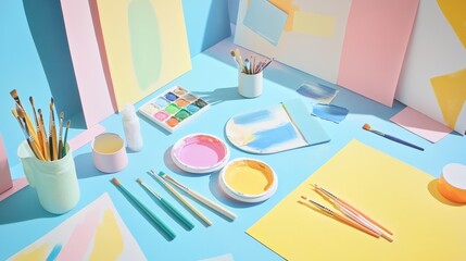 Wall Mural - A bright and vibrant workspace filled with paint palettes, brushes, and partially completed canvases, perfect for adding creative text