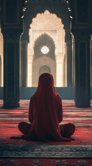 Poster - Rear view of a veiled woman sitting and praying on a patterned carpet inside a mosque during the holy month of ramadan