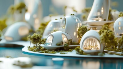 Aufkleber - A close-up of a futuristic smart city model showcasing sustainable, eco-friendly designs, with space for additional copy or messaging
